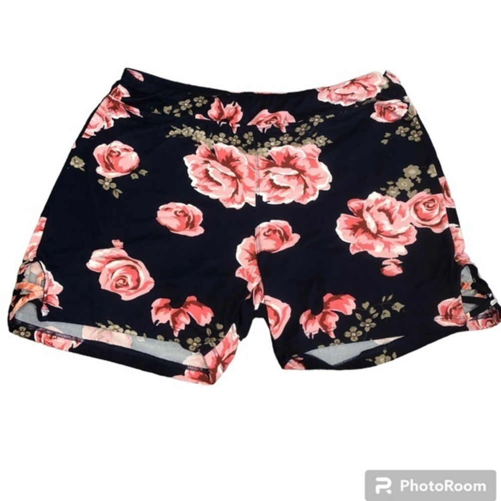 Women's Navy Floral Active Shorts - Pink Rose Print